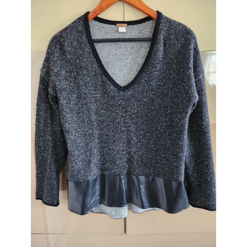 York Couture Wool Cashmere Blend V-Neck Sweater XS Black Gray Knit Faux Leather
